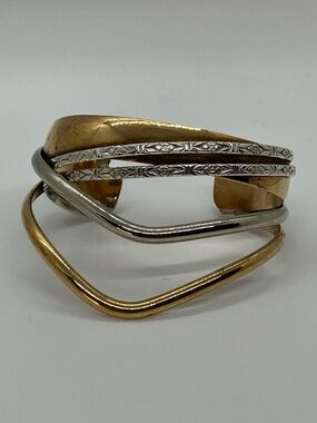 Vtg Renee Lepre Sterling Brass Mixed Metal Modernist Cuff Bracelet | Adjustable